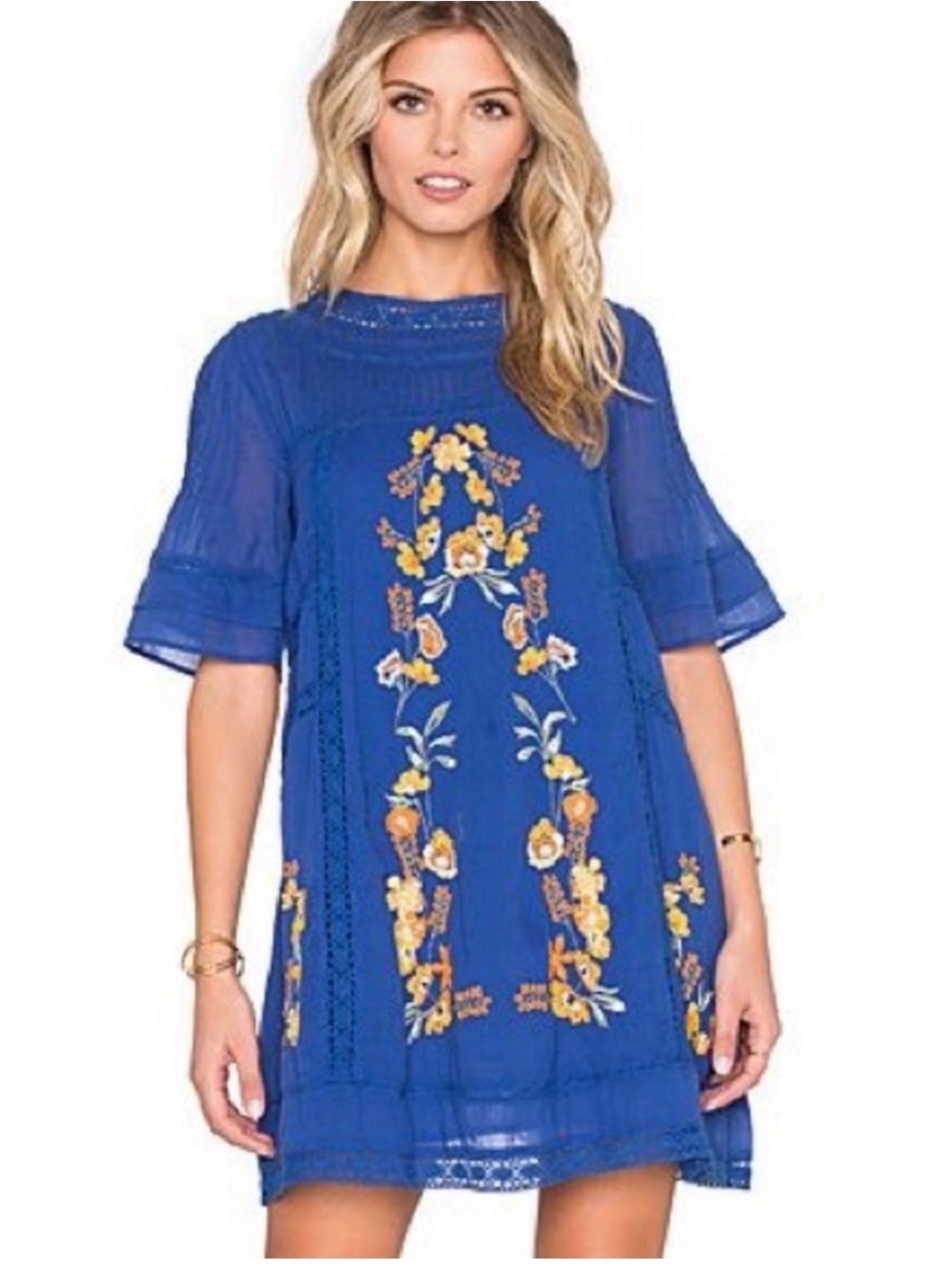 Free People Blue Floral Embroidered Shift Dress